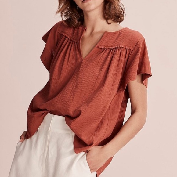 COUNTRY ROAD Crinkle Popover Crepe Cotton Rust Top Blouse - Picture 2 of 16